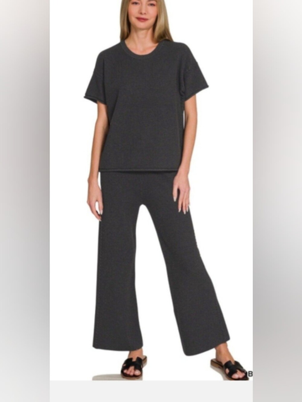 Zenana Viscose Round Neck Top & Pants Set in Black -Size MEDIUM